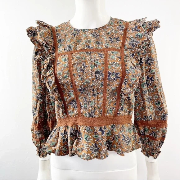 Veronica Beard Long Sleeve Floral WESLAYAN Ruffle Blouse in Cinnamon Brown Sz 2 - Picture 4 of 13